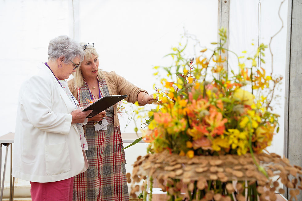 two judges looking over floristry installation