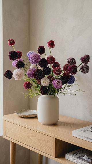 tall Scabiosa floral design displayed in a home