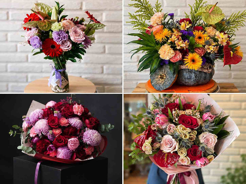 Collage of four colorful flower bouquets in vases and wraps, with roses, gerberas, and greenery against white and dark backgrounds