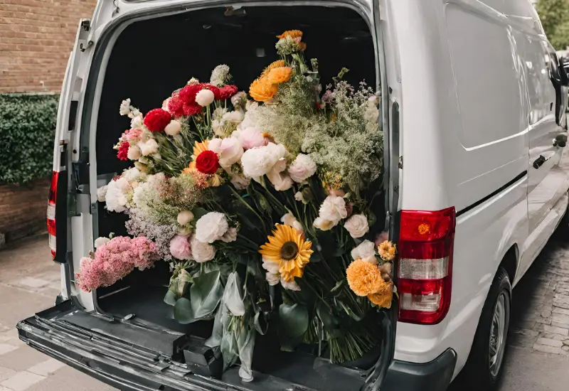 Flower ready for delivery in the back of a van