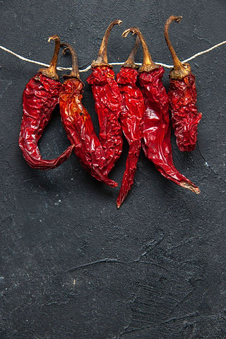 Capsicum fruits strung together, the start of a capsicum garland